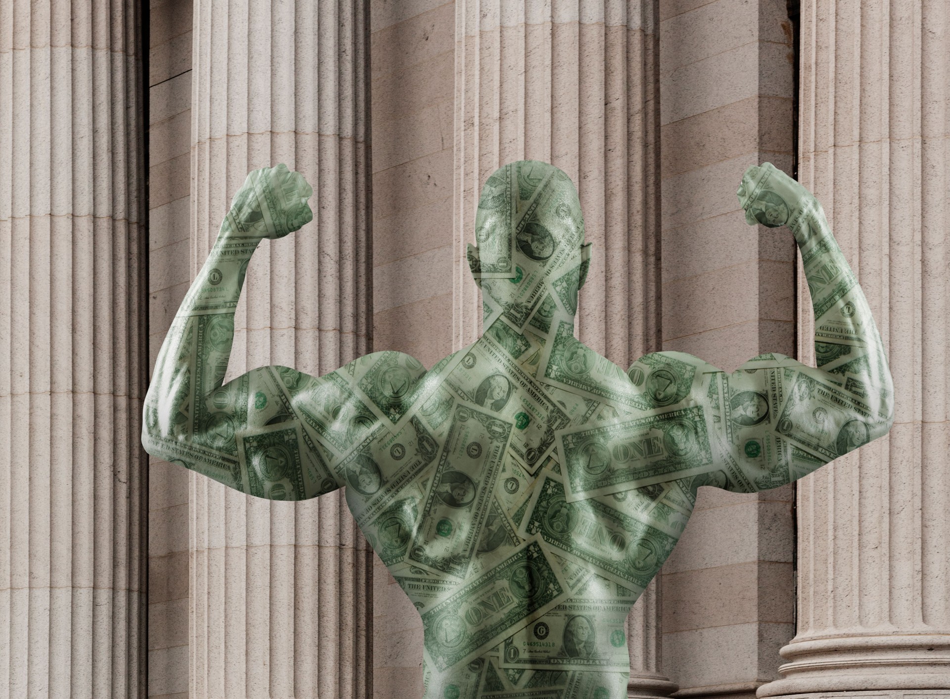 Conceptual image of muscular man made of American dollar bills